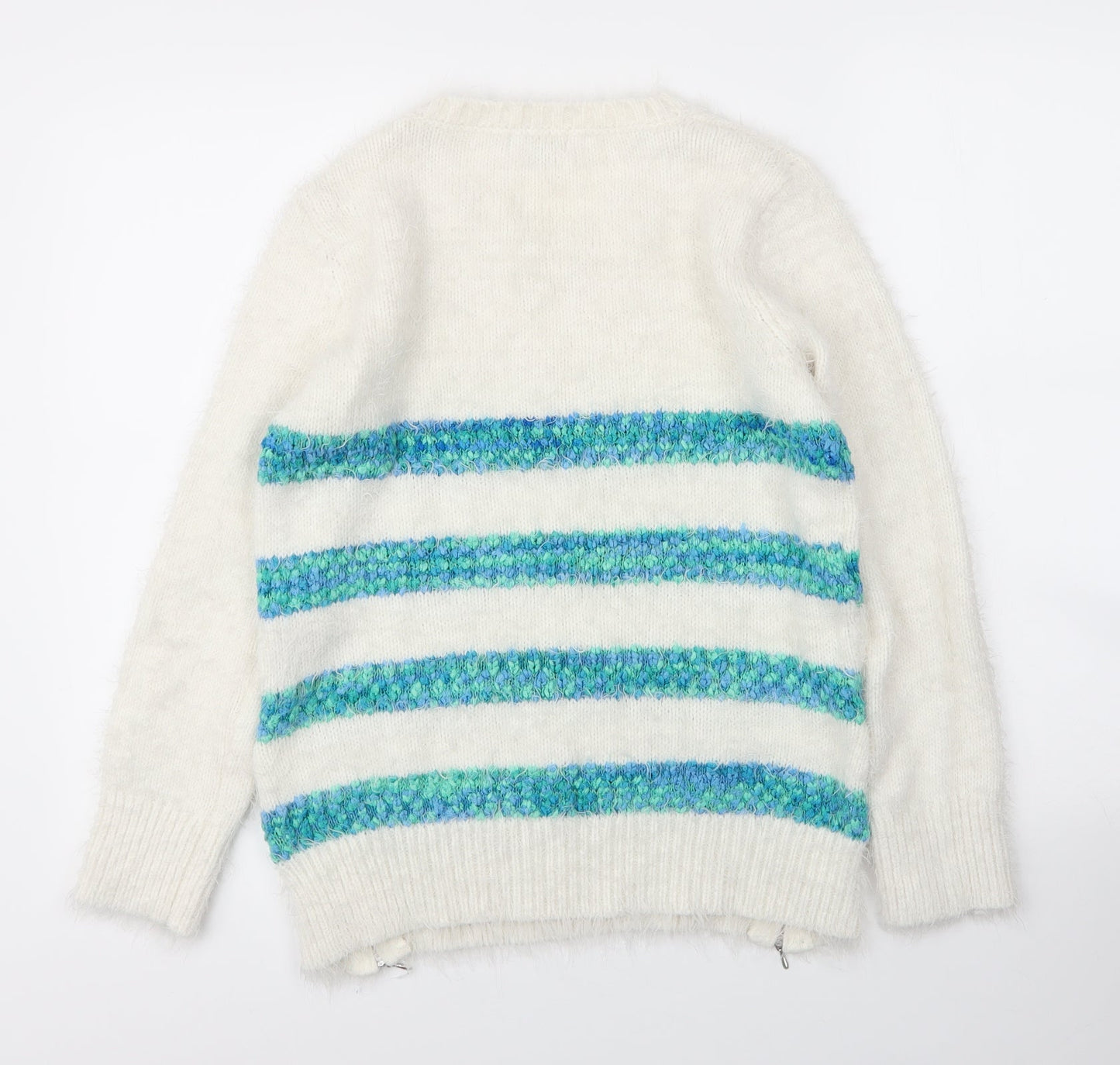 Debenhams Womens White Round Neck Striped Acrylic Pullover Jumper Size 10