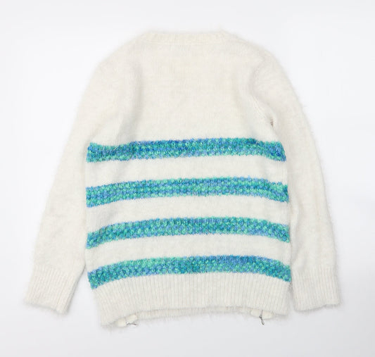 Debenhams Womens White Round Neck Striped Acrylic Pullover Jumper Size 10