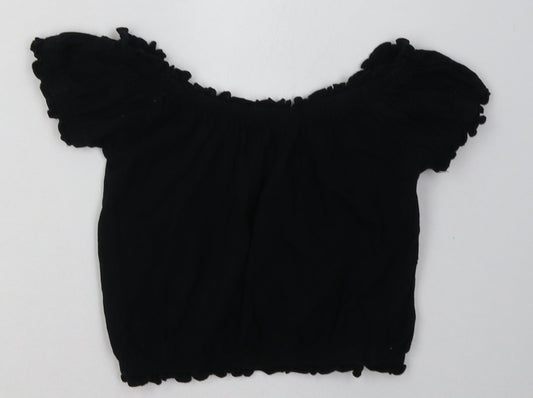 Miss Evie Girls Black Floral Cotton Basic T-Shirt Size 9-10 Years Off the Shoulder Pullover