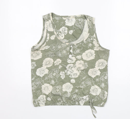 Debenhams Womens Green Floral Cotton Basic T-Shirt Size 10 Round Neck