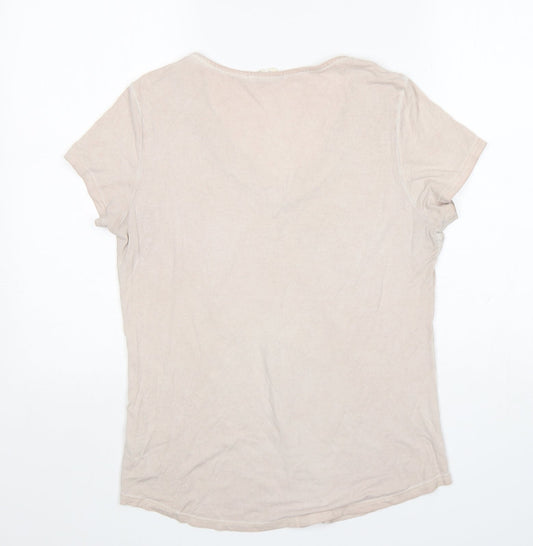 Nine Womens Beige  Cotton Basic T-Shirt Size 12 V-Neck