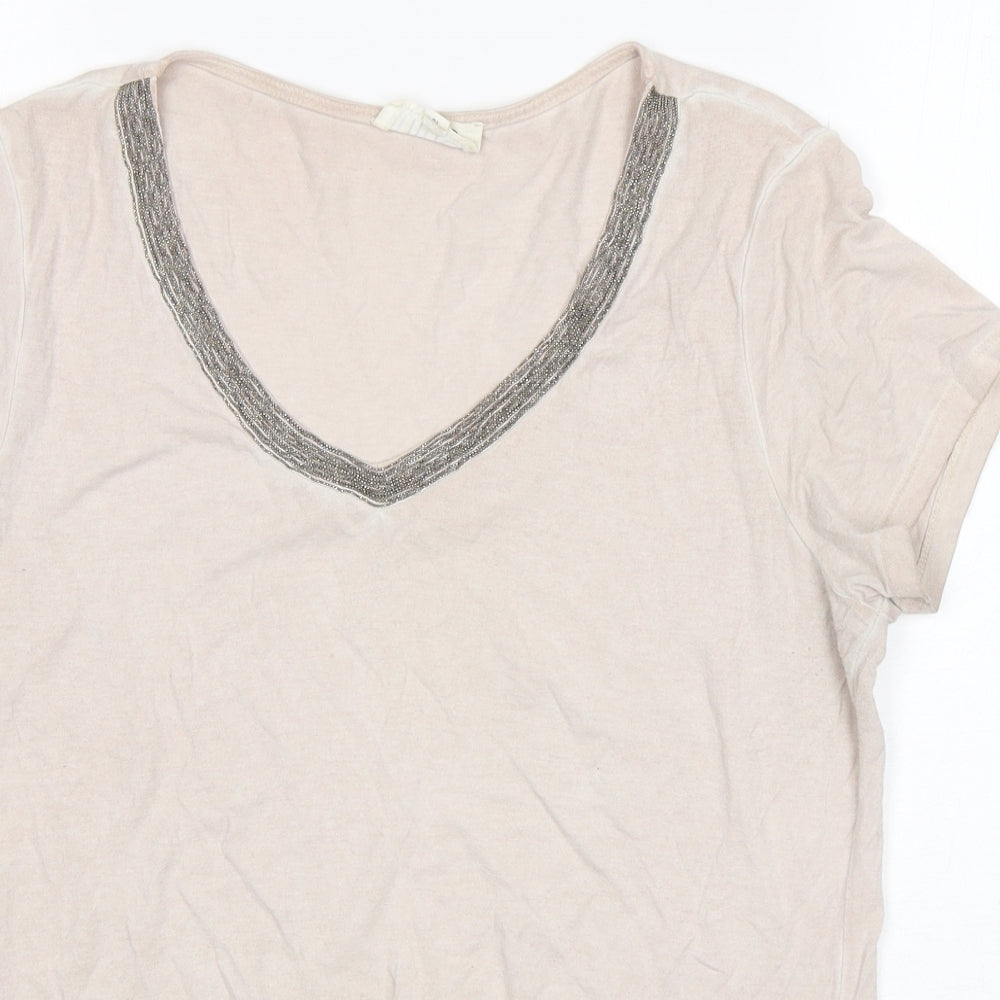 Nine Womens Beige  Cotton Basic T-Shirt Size 12 V-Neck