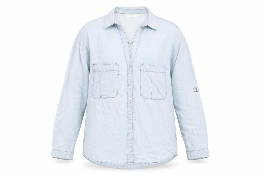 Zara Womens Blue  Lyocell Basic Button-Up Size XS Collared