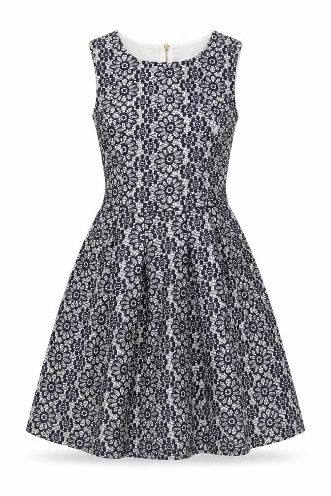 Warehouse Womens Blue Floral Polyester Fit & Flare  Size 6  Round Neck Zip - Lace Overlay