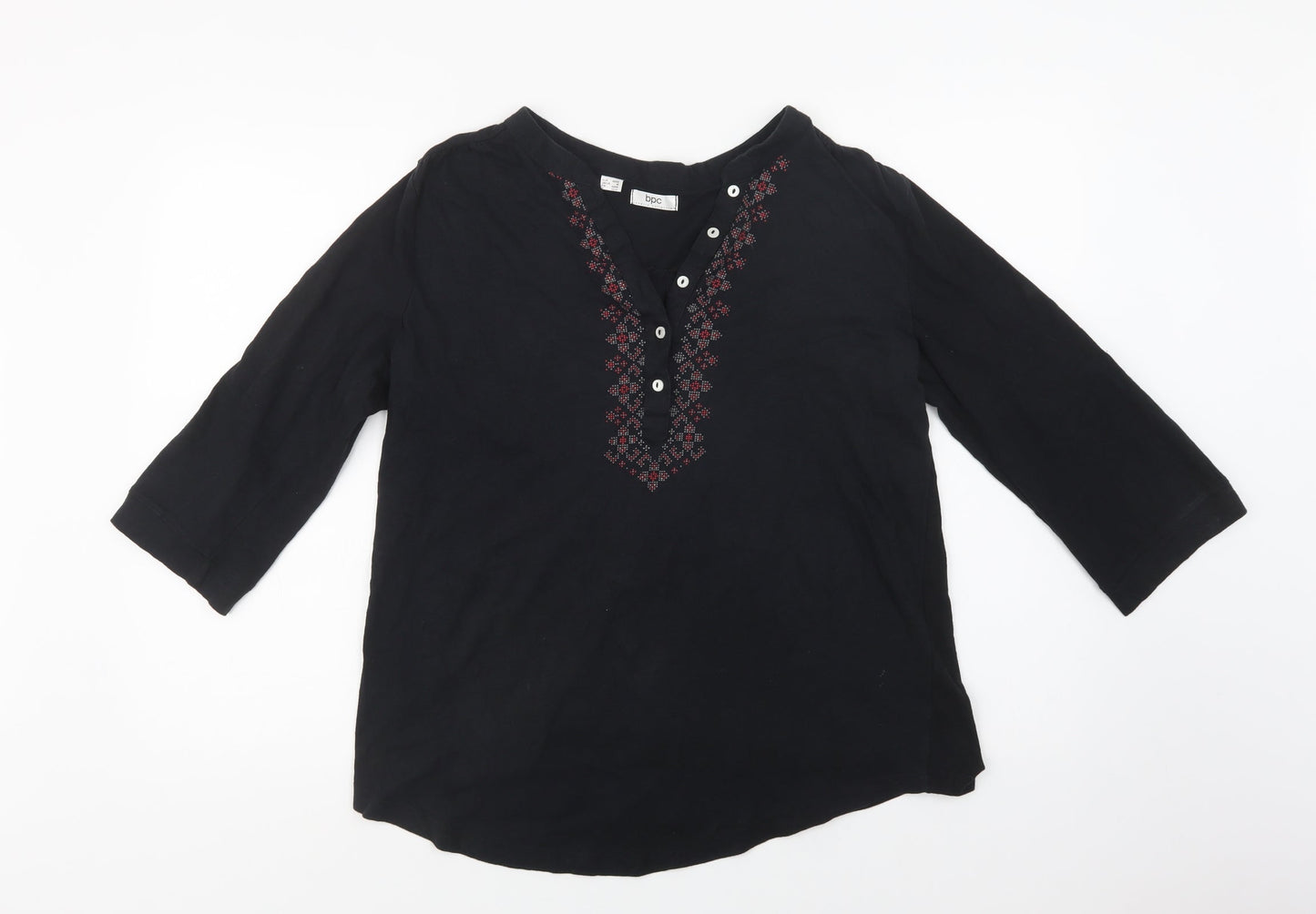 bonprix Womens Black Geometric Cotton Basic Blouse Size M V-Neck