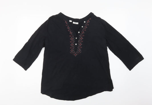 bonprix Womens Black Geometric Cotton Basic Blouse Size M V-Neck