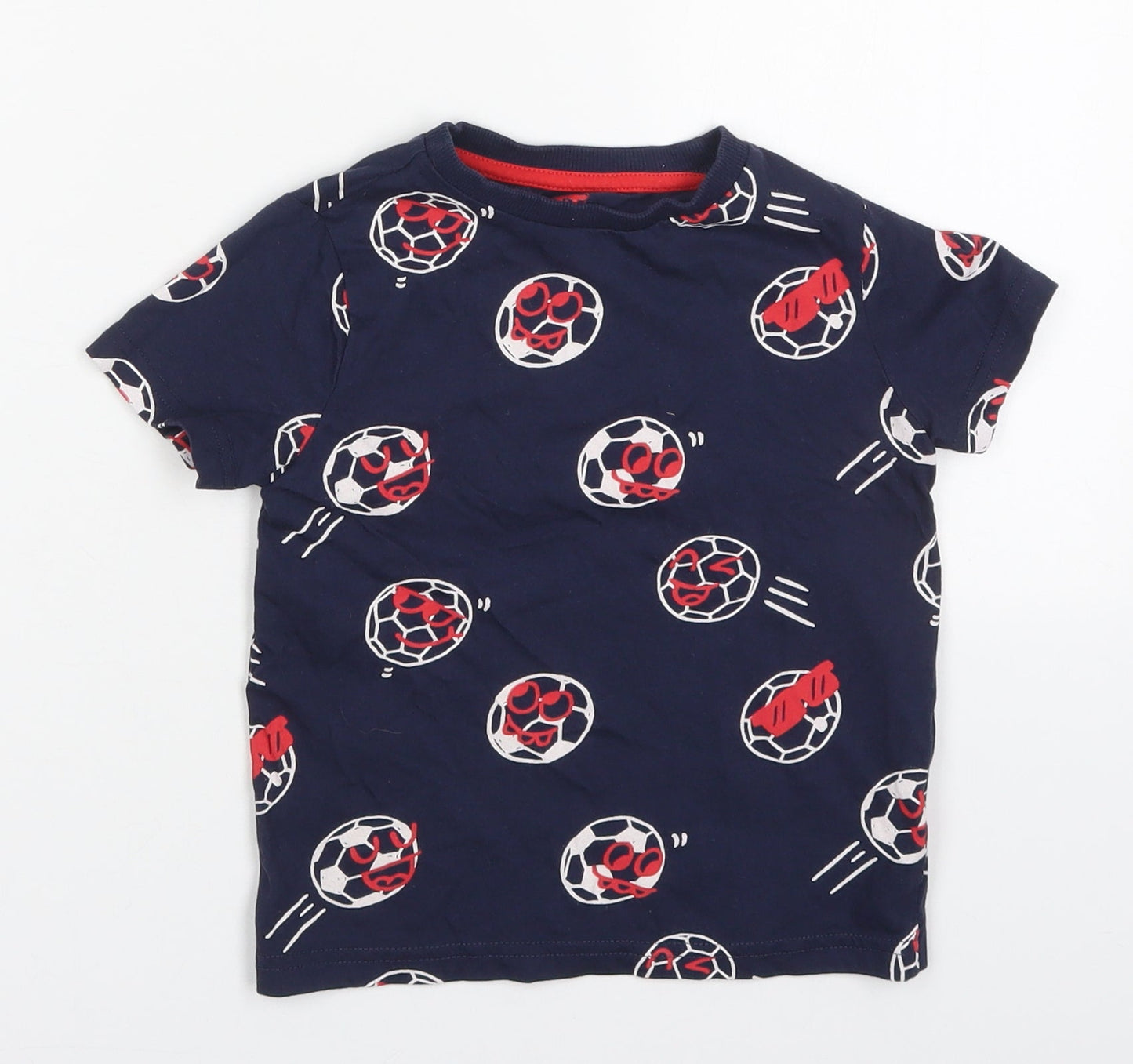 Primark Boys Blue  Cotton Basic T-Shirt Size 4-5 Years Crew Neck Pullover - Footballs