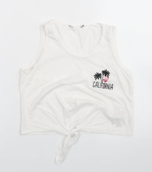 915 Generation Girls White  Cotton Cropped Tank Size 9 Years Round Neck  - Flamingo, Tie front