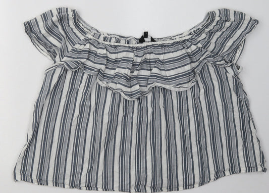 New Look Womens Grey Striped Cotton Basic Blouse Size 16 Off the Shoulder