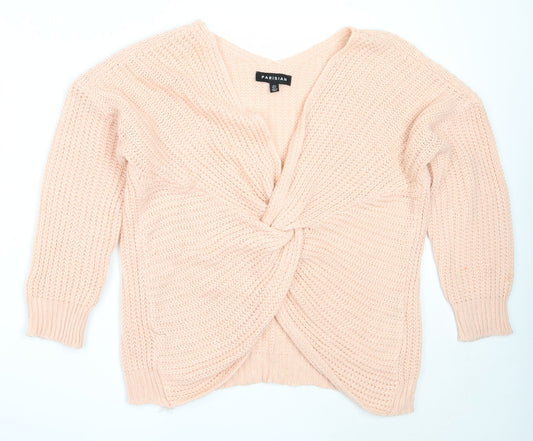 Parsian Womens Pink V-Neck  Acrylic Pullover Jumper Size 8