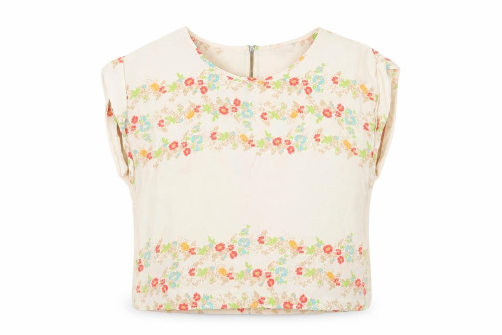 Topshop Womens Ivory Floral Viscose Basic Blouse Size 6 Round Neck