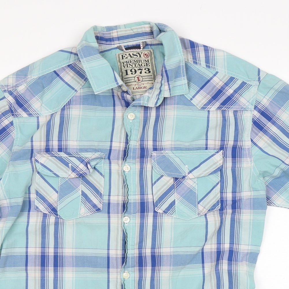 Easy Mens Blue Plaid Cotton  Button-Up Size L Collared