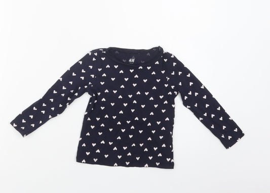 H&M Girls Blue Geometric Cotton Basic Polo Size 2 Years Crew Neck  - Heart Print