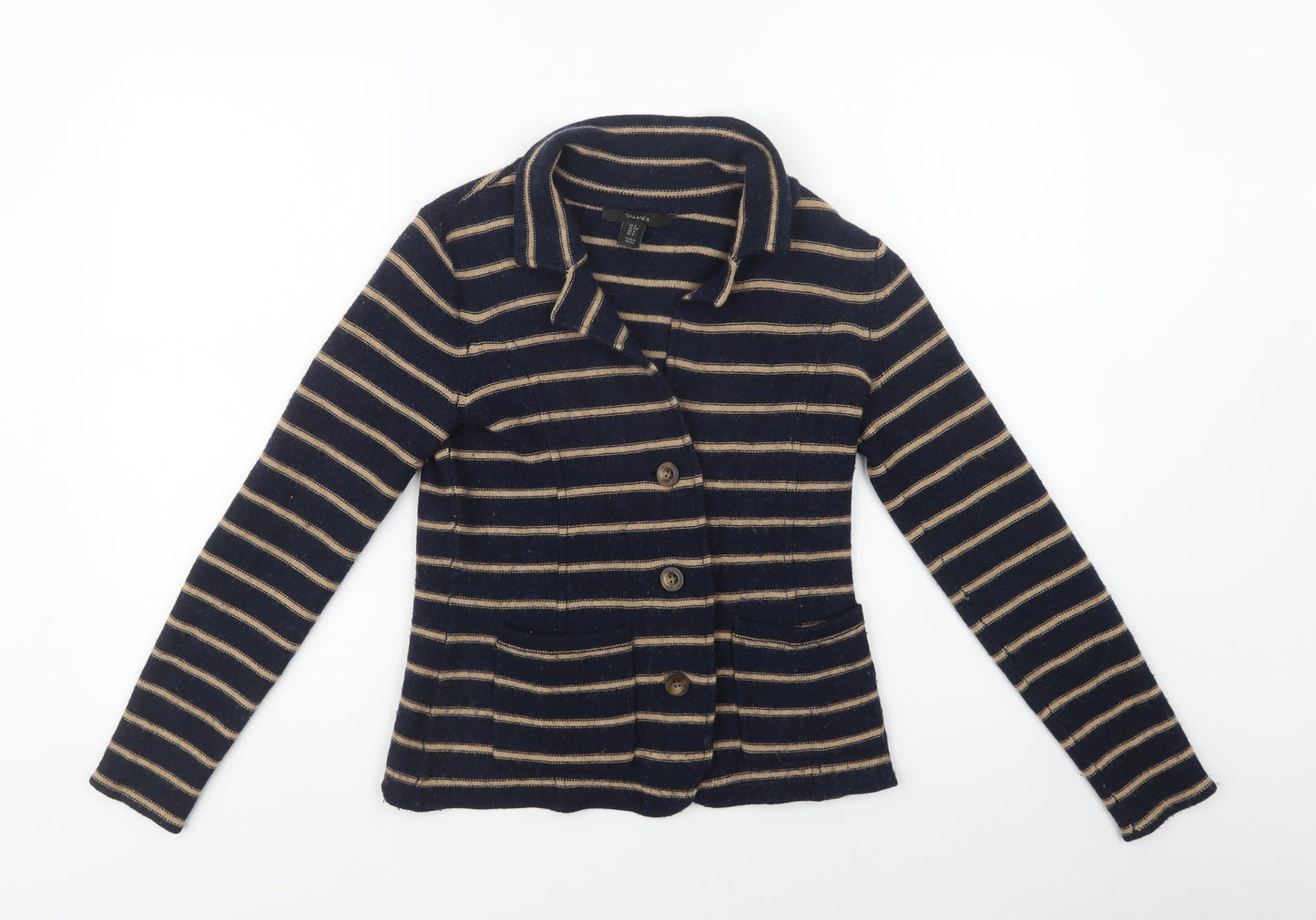 Tahari Womens Blue Collared Striped Acrylic Cardigan Jumper Size S