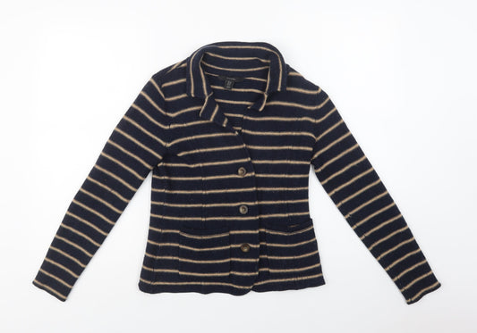 Tahari Womens Blue Collared Striped Acrylic Cardigan Jumper Size S
