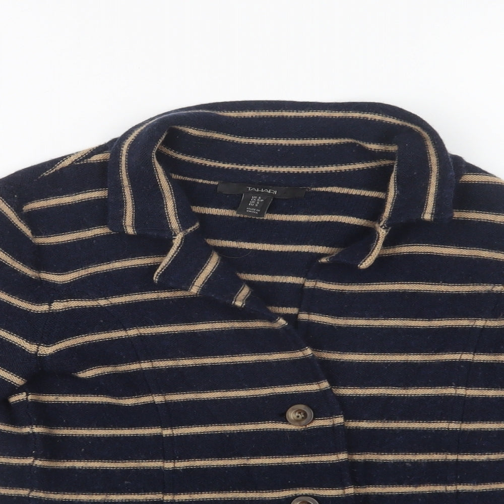 Tahari Womens Blue Collared Striped Acrylic Cardigan Jumper Size S