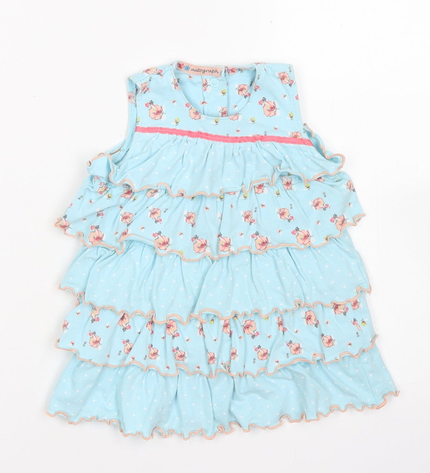 Marks & Spencer Girls Blue Floral Cotton A-Line  Size 12-18 Months  Crew Neck Snap