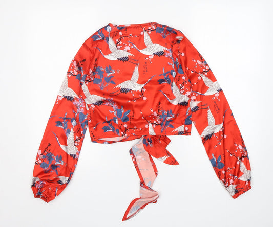 Missguided Womens Red Floral Polyester Cropped Blouse Size 6 V-Neck