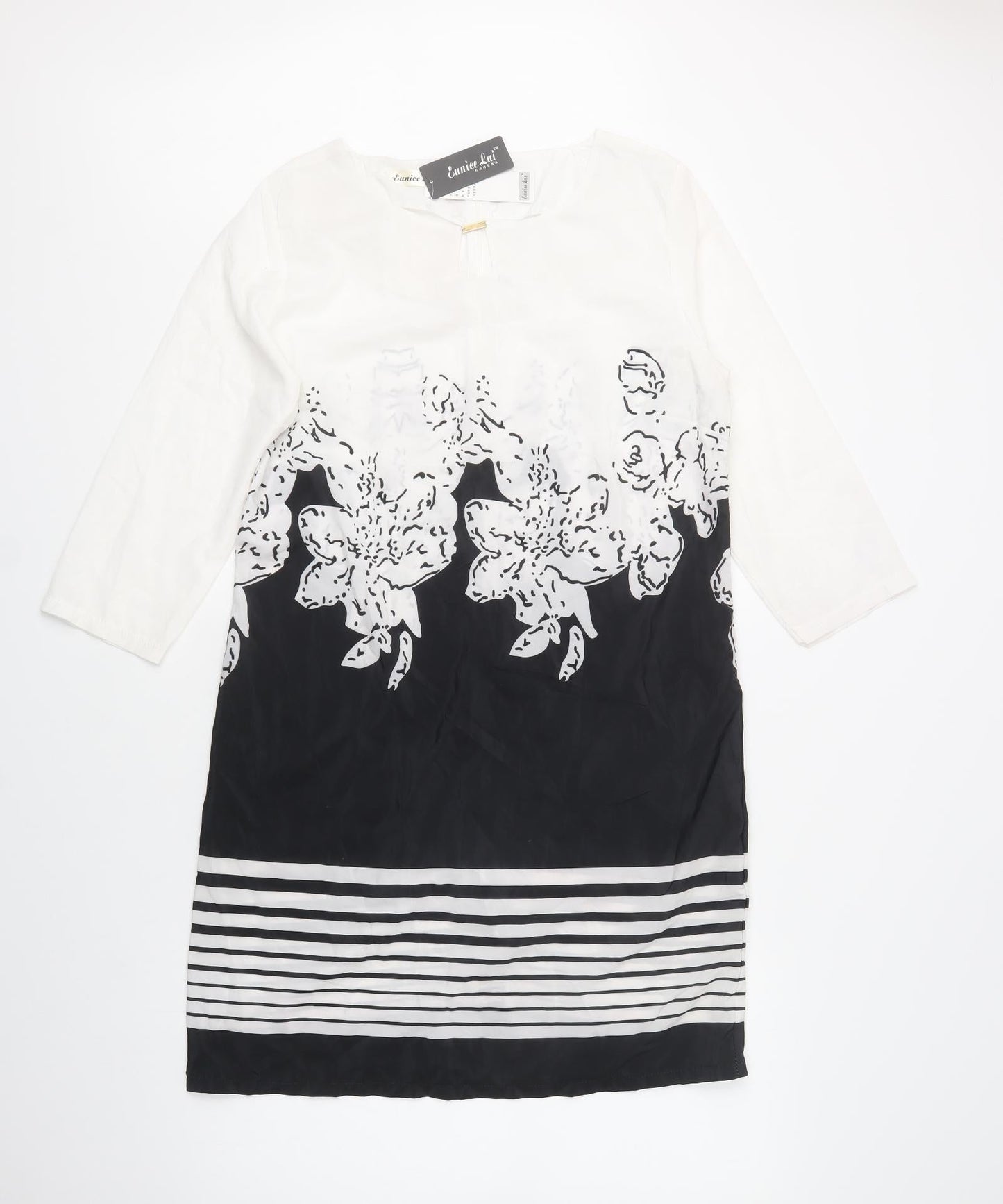 Eunice Lai Womens White Floral Polyester Shift  Size L  Round Neck Zip
