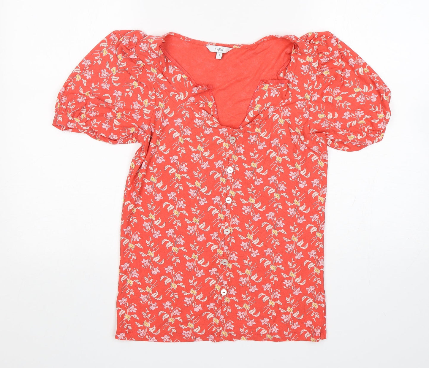 NEXT Womens Orange Floral Viscose Basic T-Shirt Size 6 V-Neck