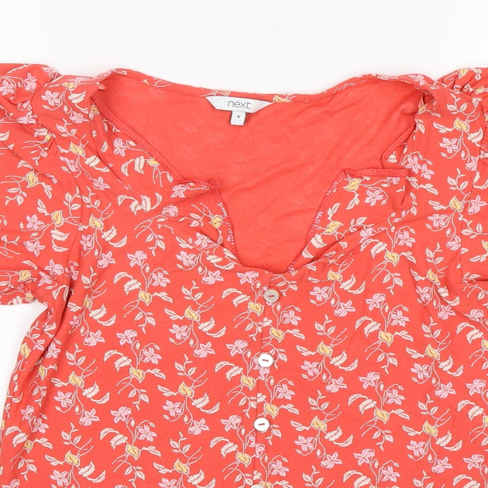 NEXT Womens Orange Floral Viscose Basic T-Shirt Size 6 V-Neck