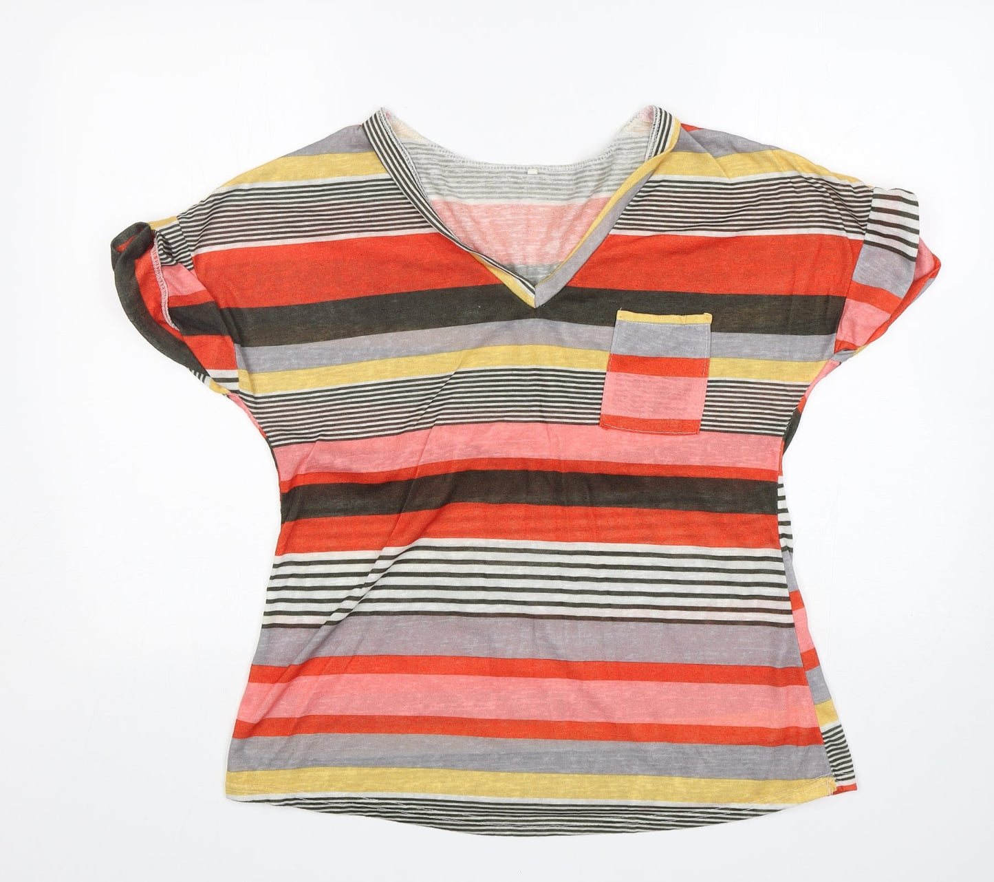 Preworn Womens Multicoloured Striped  Basic T-Shirt Size XL V-Neck