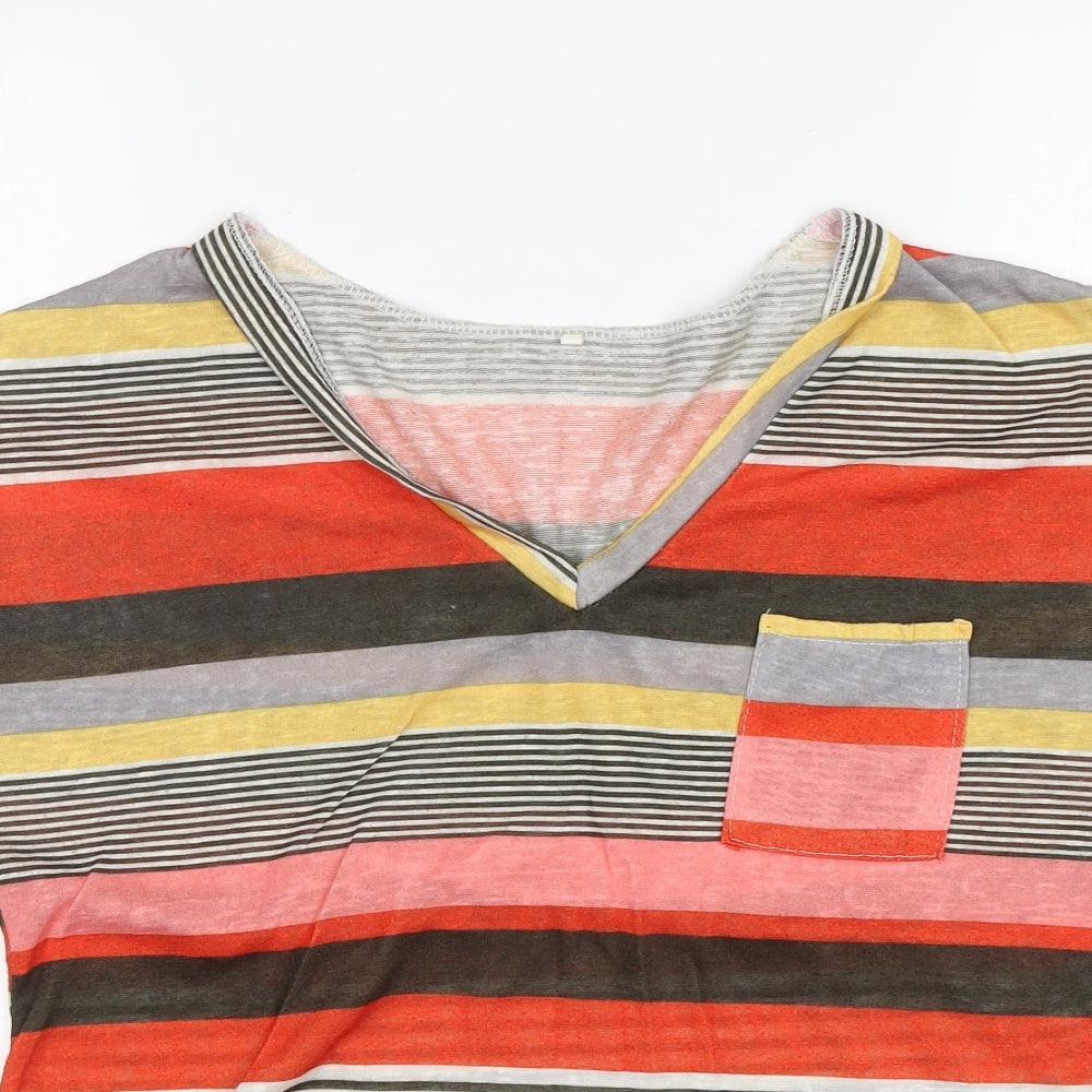 Preworn Womens Multicoloured Striped  Basic T-Shirt Size XL V-Neck