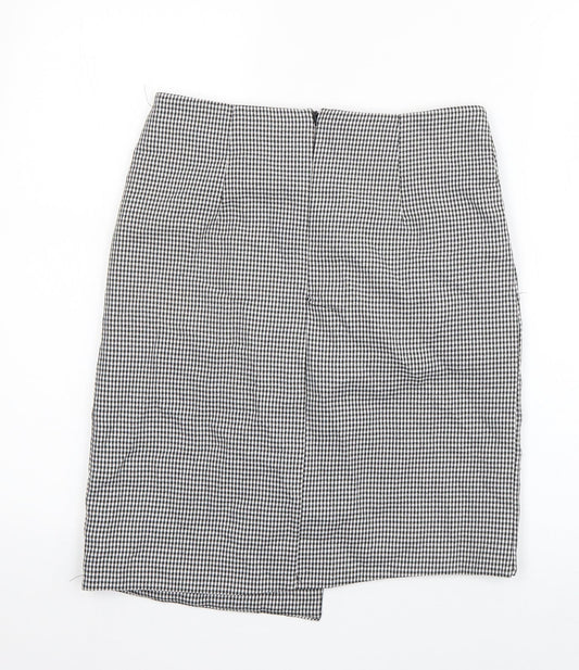 Preworn Womens Black Check Polyester A-Line Skirt Size 28 in   Zip