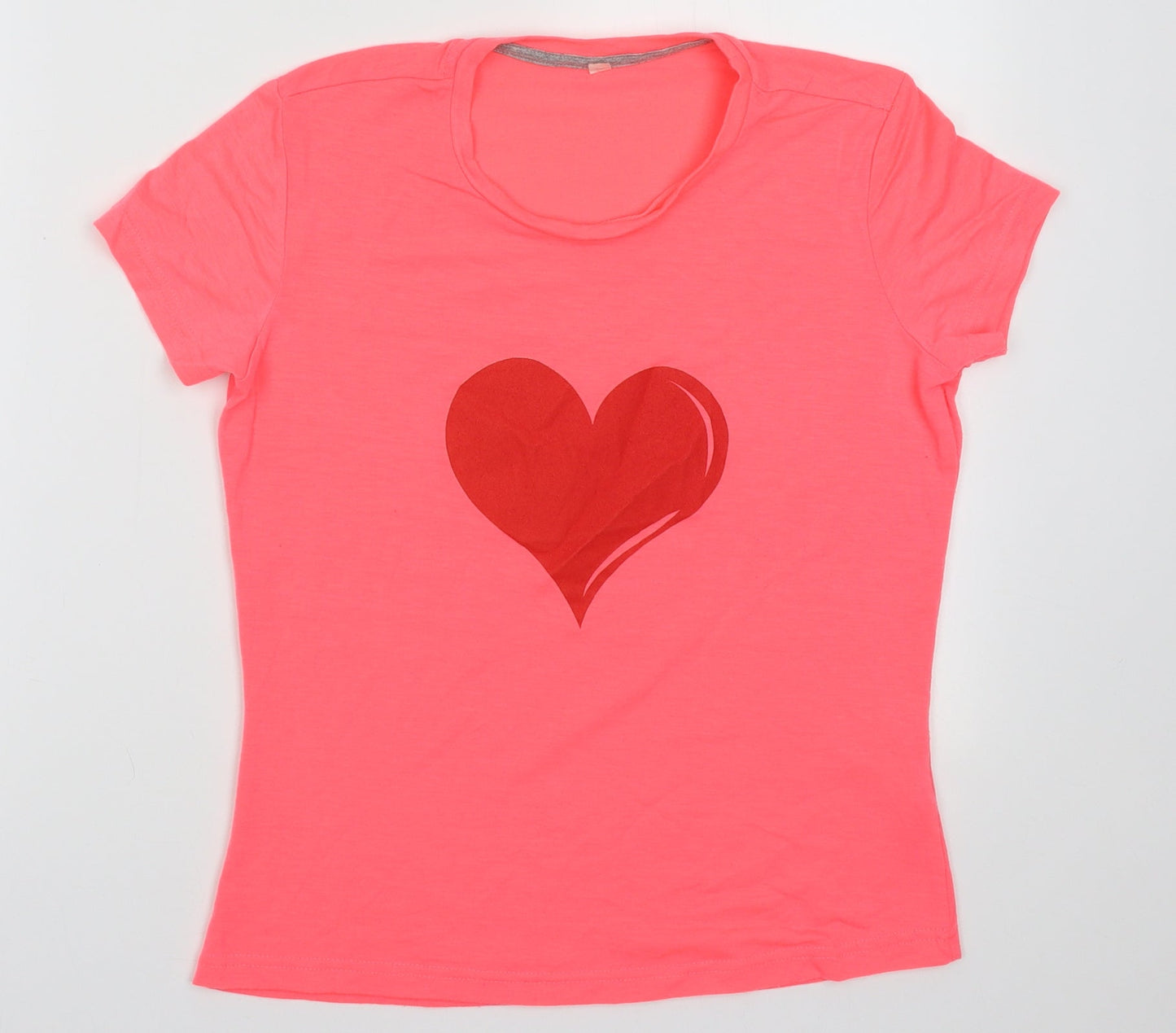 Preworn Womens Pink  Polyester Basic T-Shirt Size S Crew Neck - heart print