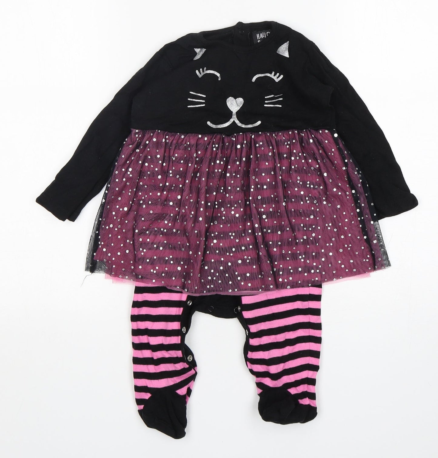 Hallowscream Girls Multicoloured Striped Cotton Babygrow One-Piece Size 12-18 Months   - Cat Print
