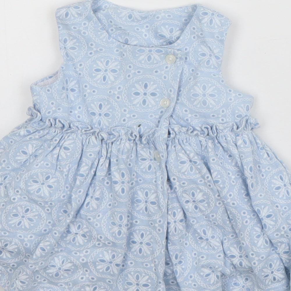 Matalan Girls Blue Geometric Cotton Tank Dress  Size 3-6 Months  Round Neck Button