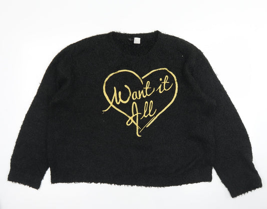 Divided Womens Black Crew Neck  Polyester Pullover Jumper Size S