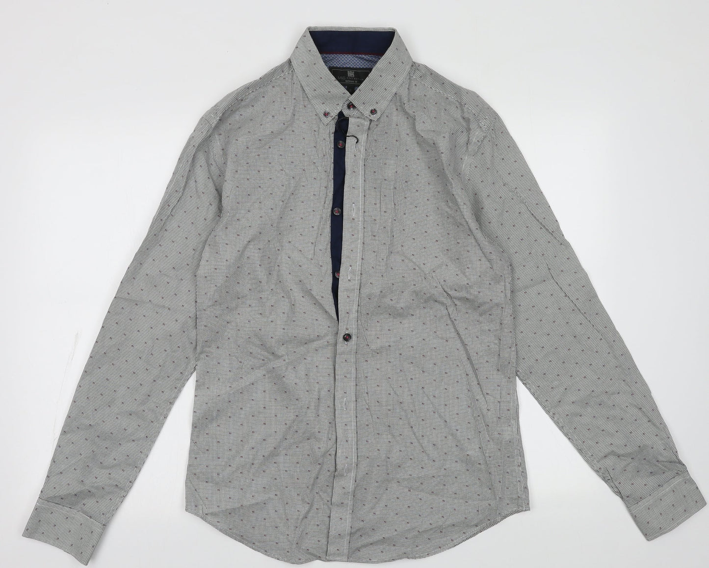 Marks and Spencer Mens Blue Geometric Cotton  Button-Up Size S Collared Button