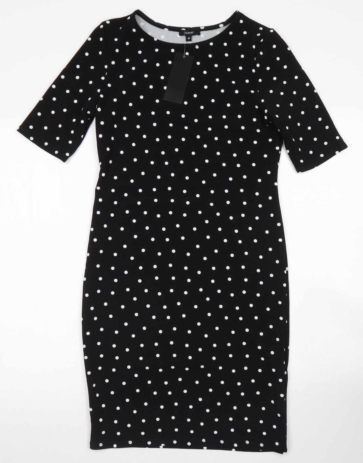 Forever Womens Black Polka Dot Polyester Pencil Dress  Size M  Crew Neck