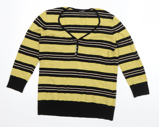 Planet  Womens Green Striped Viscose Basic T-Shirt Size S V-Neck