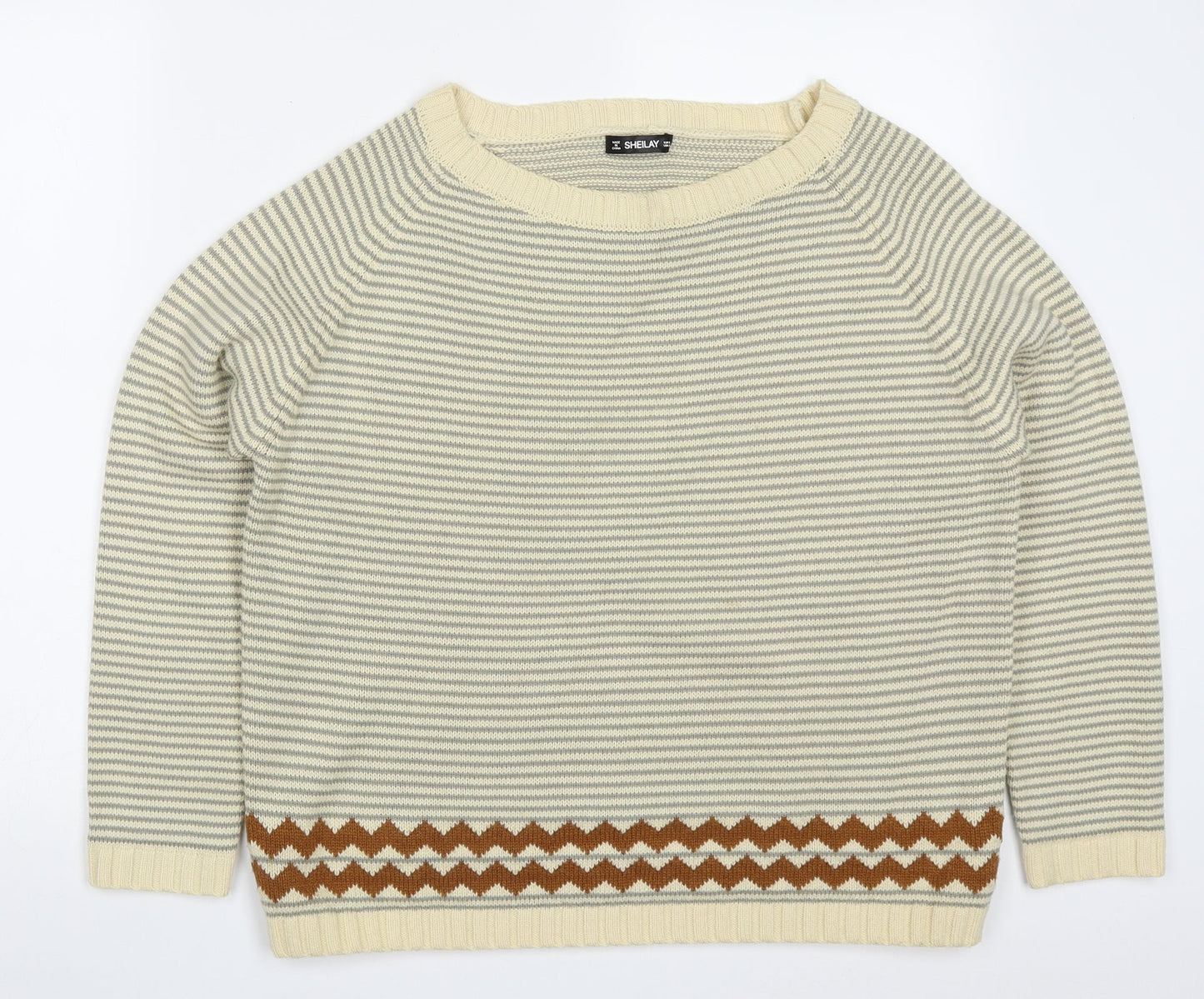 Sheilay Womens Beige Round Neck Striped Acrylic Pullover Jumper Size S