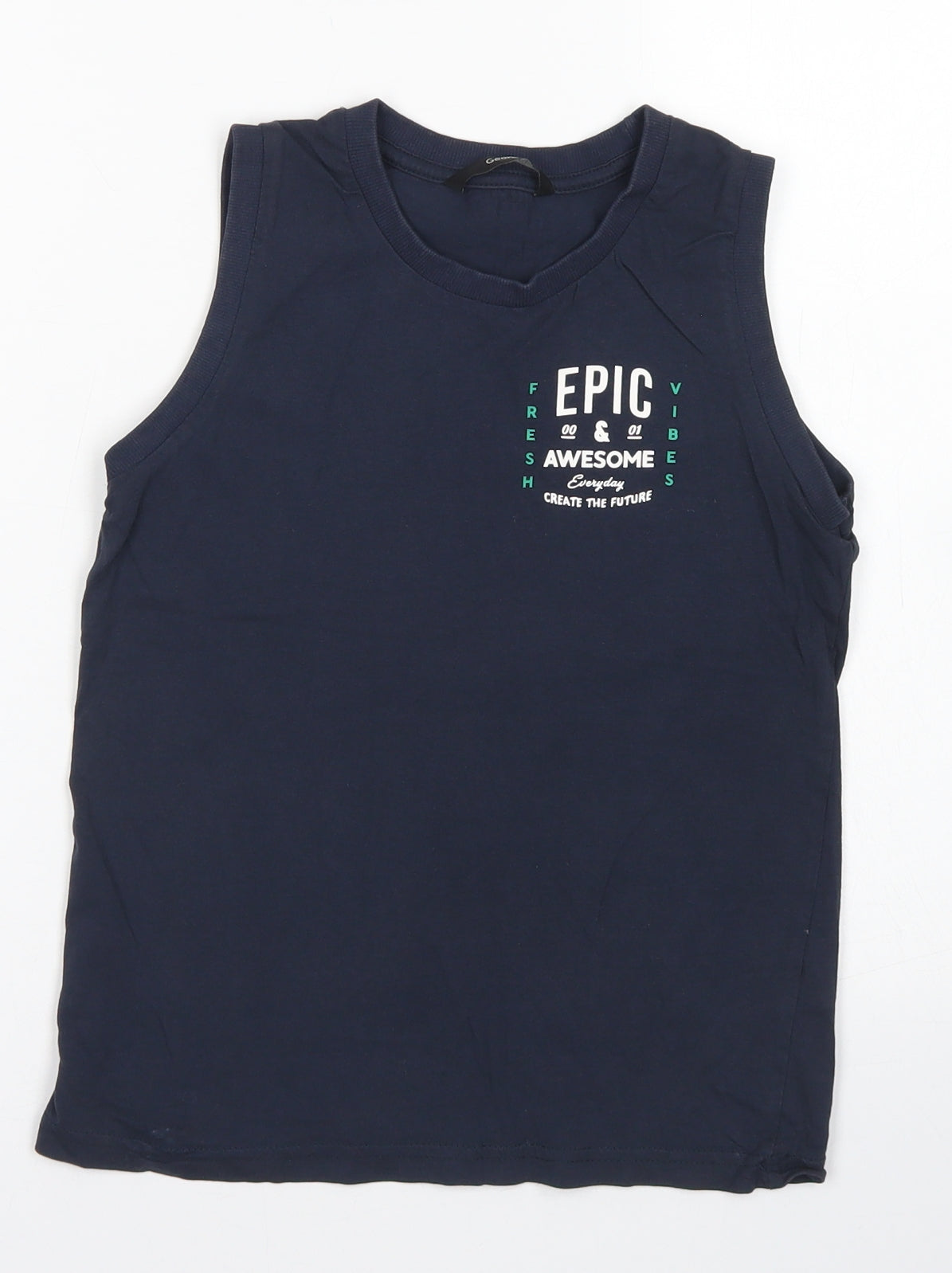 George Boys Blue  Cotton Basic Tank Size 9-10 Years Crew Neck