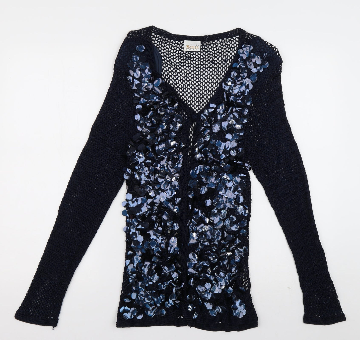 Roman Womens Blue V-Neck  Viscose Cardigan Jumper Size S