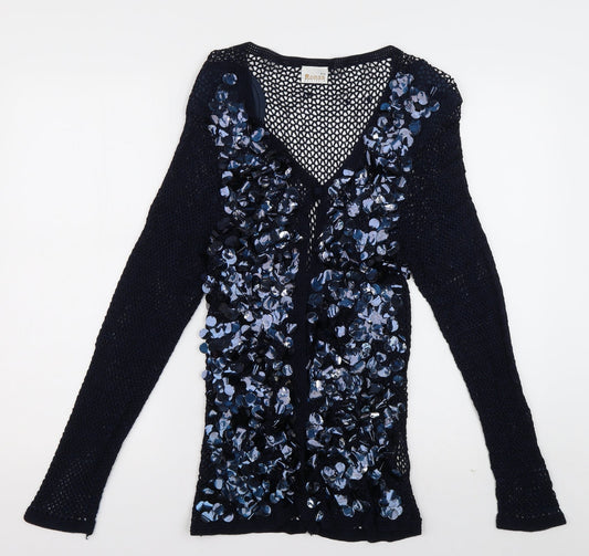Roman Womens Blue V-Neck  Viscose Cardigan Jumper Size S