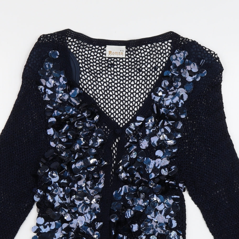 Roman Womens Blue V-Neck  Viscose Cardigan Jumper Size S