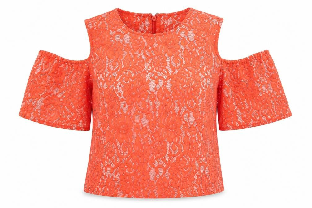 Warehouse Womens Orange Geometric Cotton Basic Blouse Size 8 Crew Neck - cold shoudler