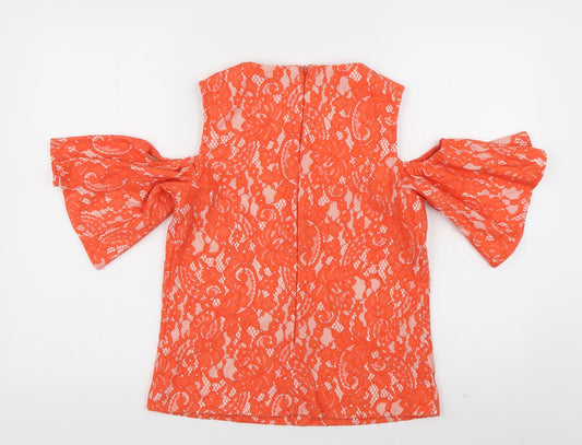 Warehouse Womens Orange Geometric Cotton Basic Blouse Size 8 Crew Neck - cold shoudler