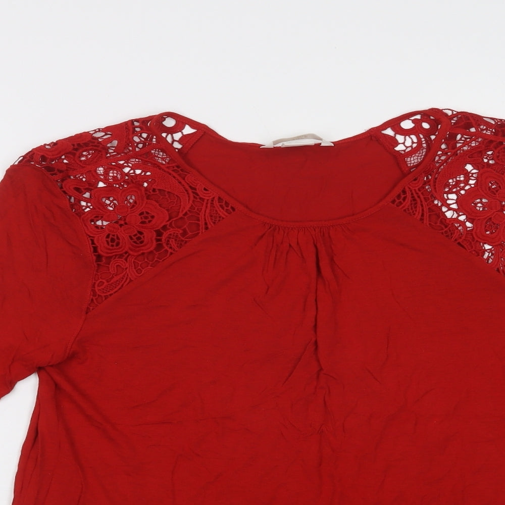 H&M Womens Red  Viscose Basic Blouse Size M Crew Neck - Lace Detail