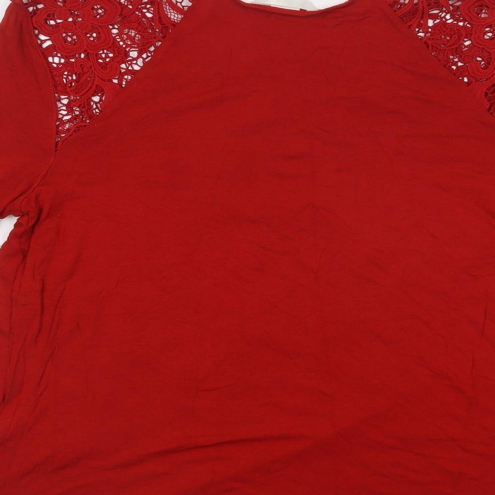 H&M Womens Red  Viscose Basic Blouse Size M Crew Neck - Lace Detail