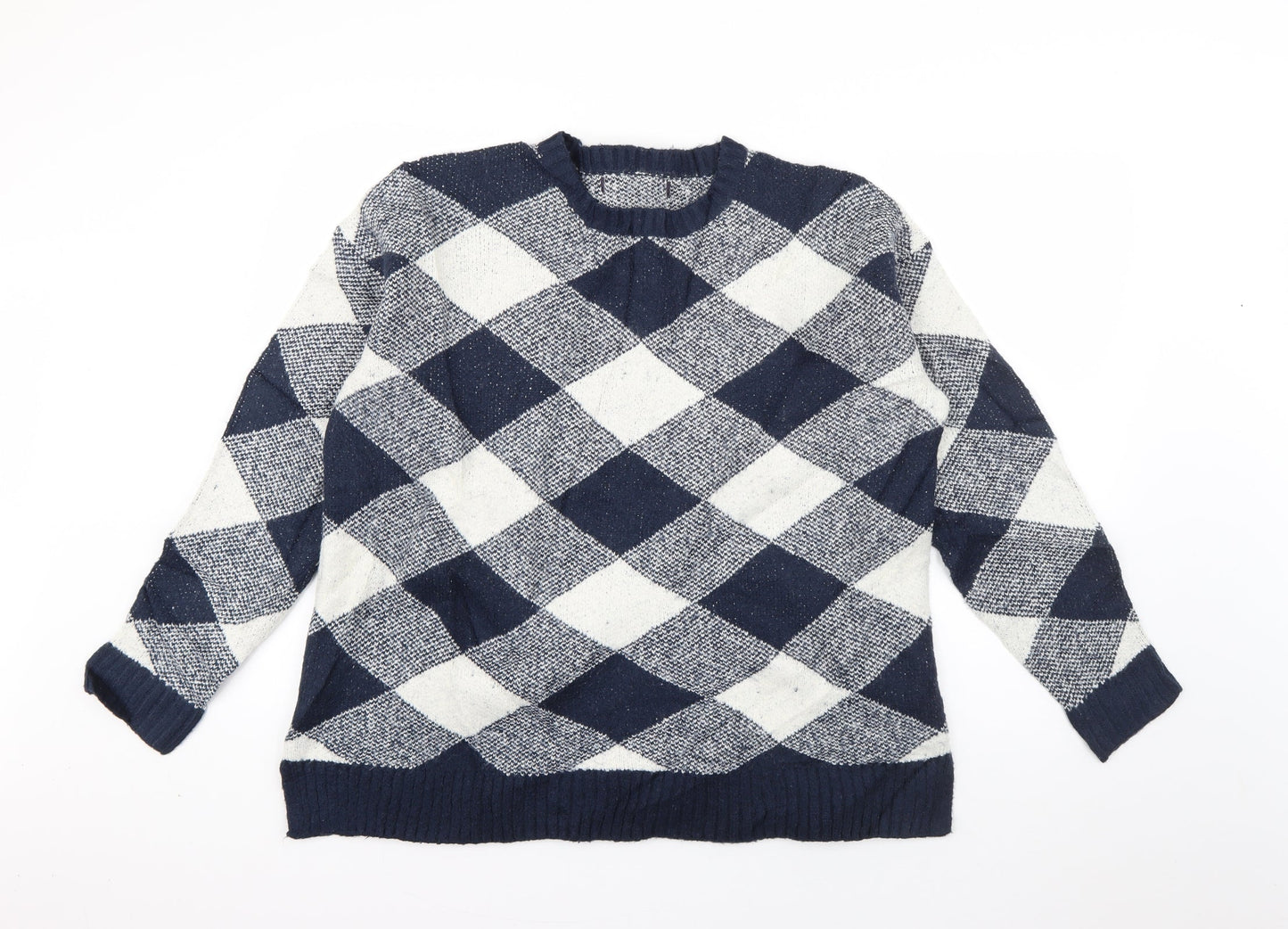 Marks and Spencer Womens Blue Crew Neck Check Acrylic Pullover Jumper Size L