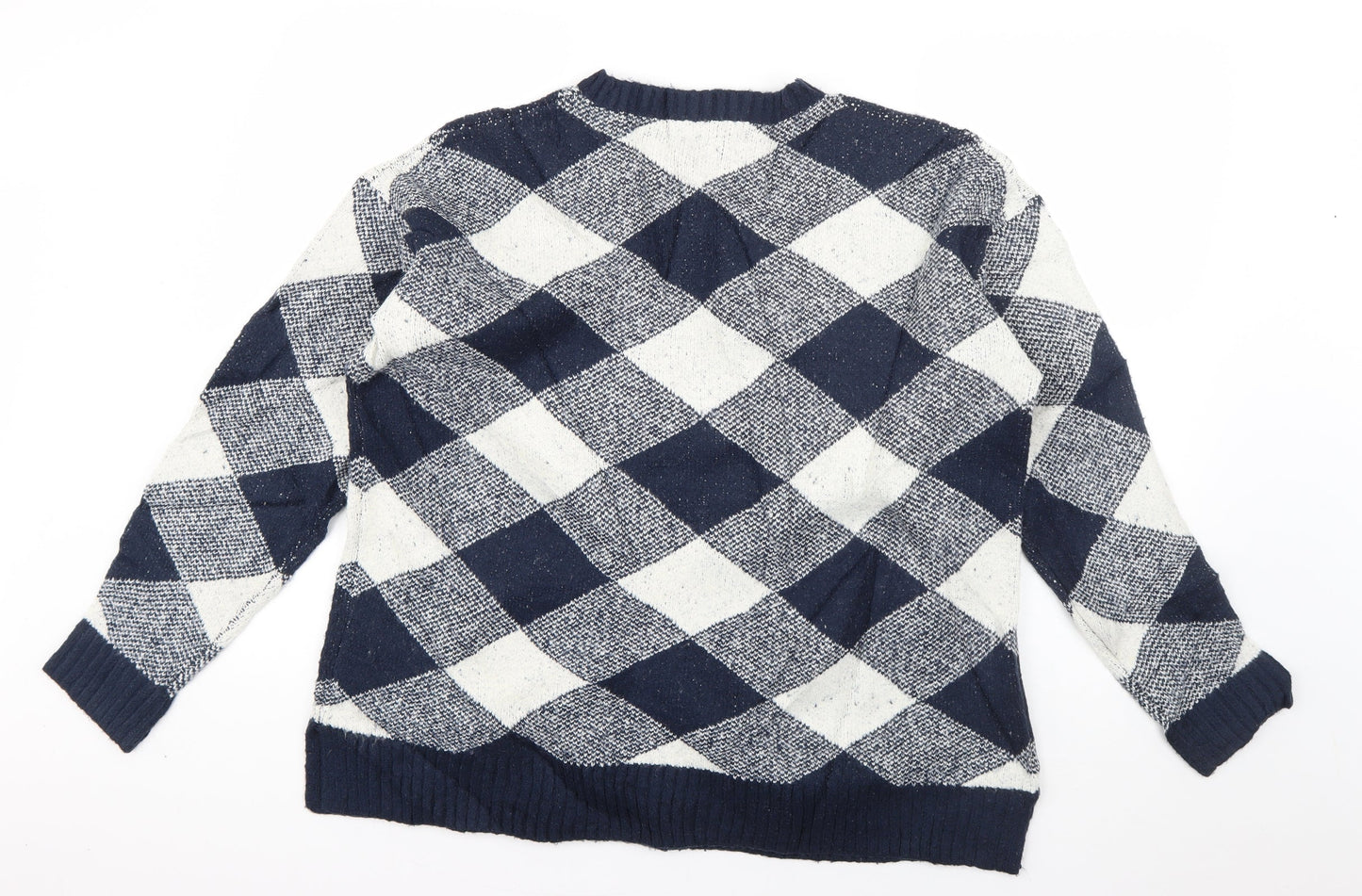 Marks and Spencer Womens Blue Crew Neck Check Acrylic Pullover Jumper Size L