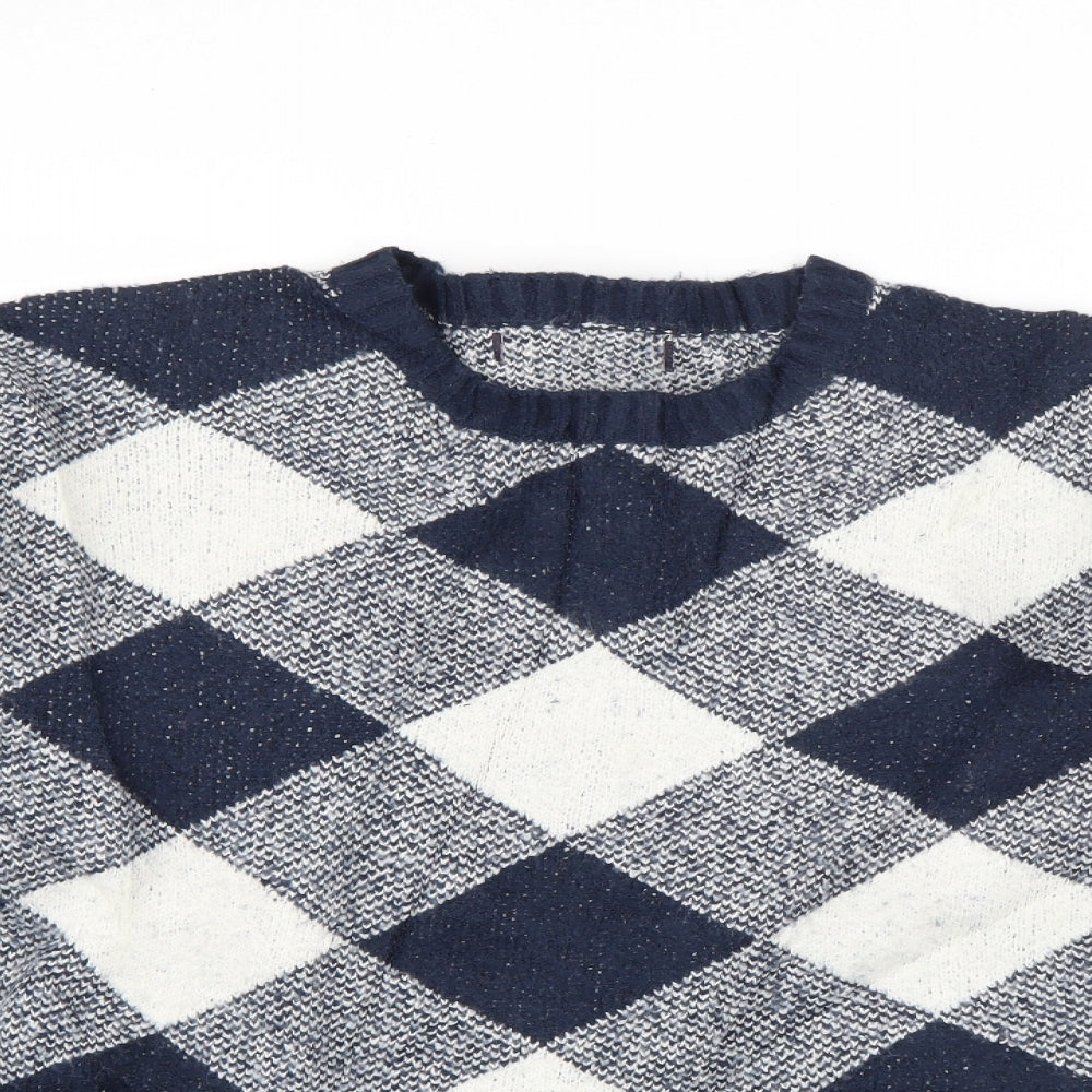 Marks and Spencer Womens Blue Crew Neck Check Acrylic Pullover Jumper Size L