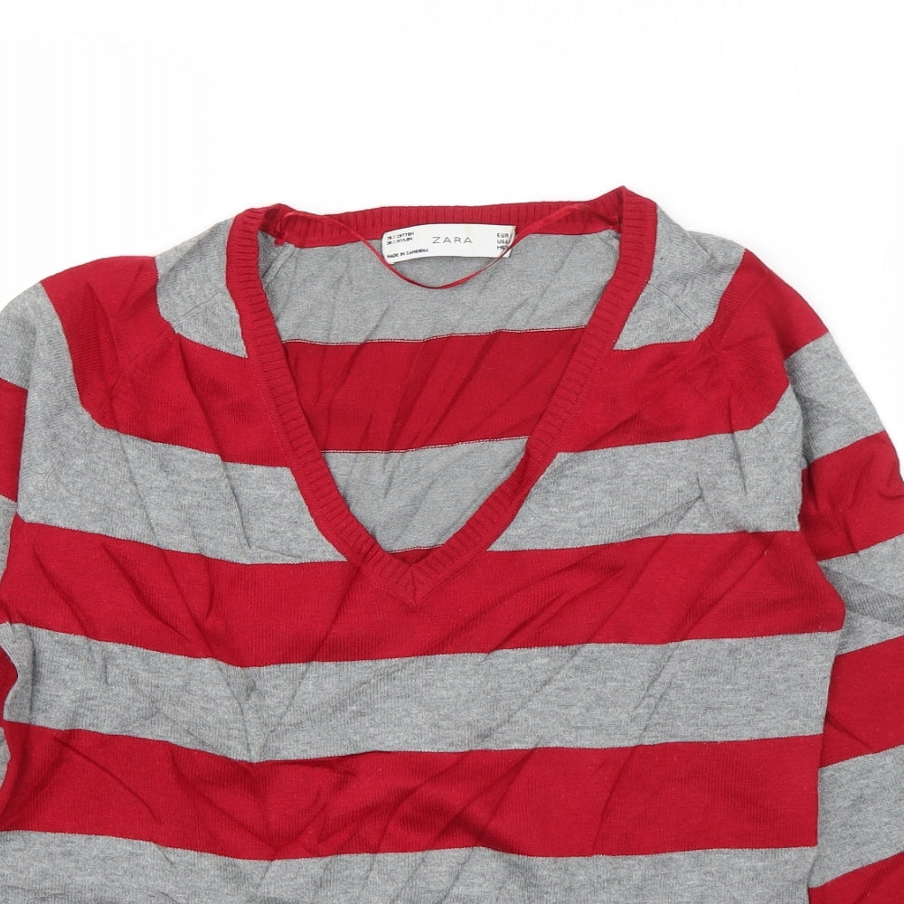 Zara Womens Red V-Neck Striped Cotton Pullover Jumper Size S