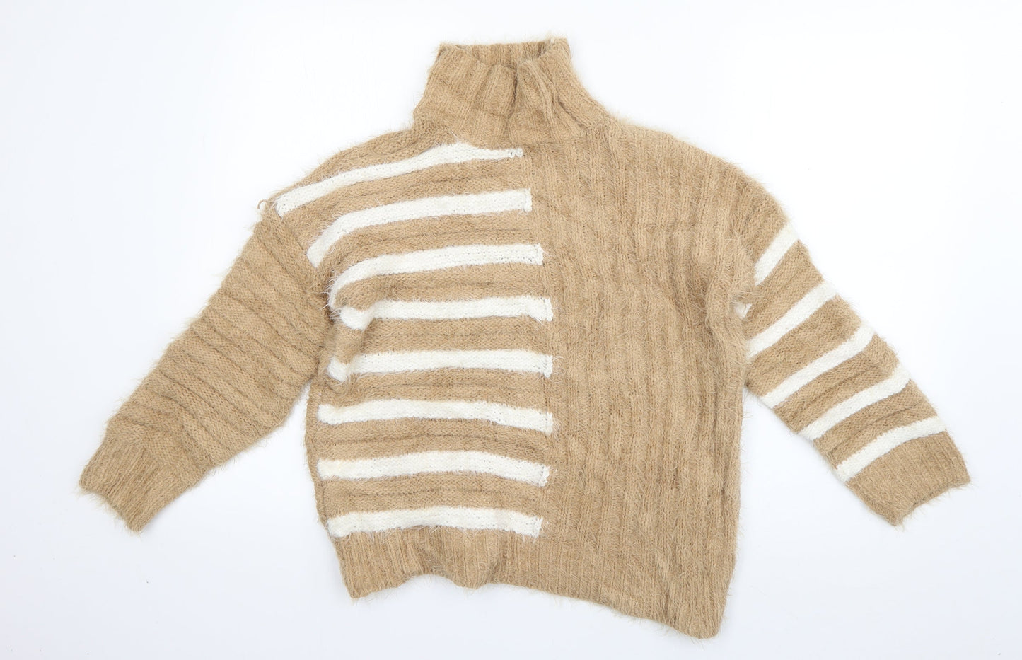 Marks and Spencer Womens Brown High Neck Striped Polyamide Pullover Jumper Size S