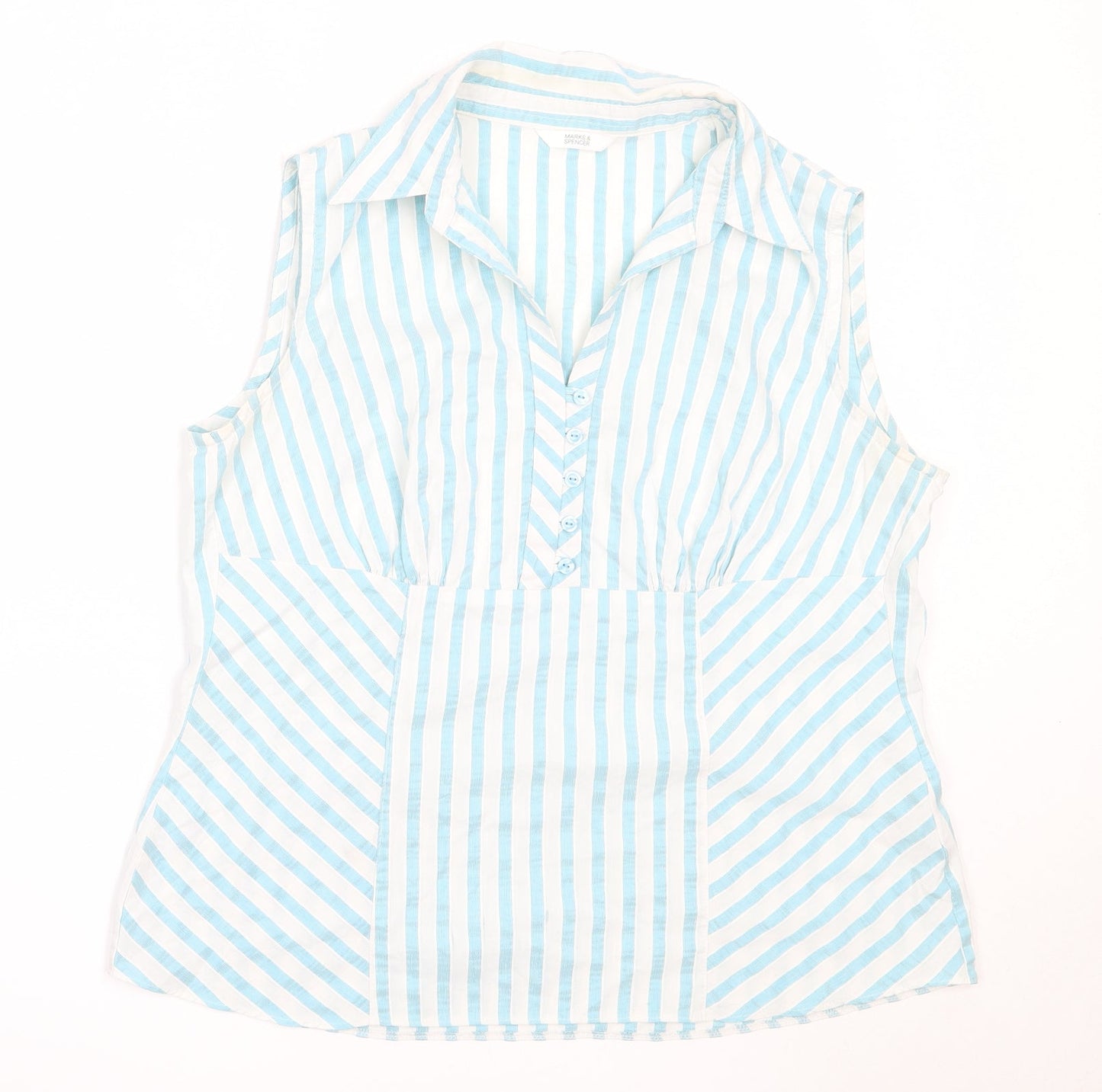 Marks and Spencer Womens Blue Striped Cotton Basic Button-Up Size 14 Collared